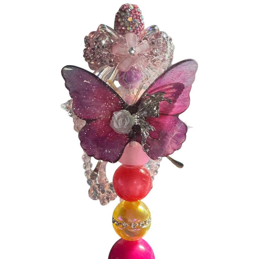 Handcrafted Butterfly-Themed Decorative Ballpoint Pen With Rhinestones & Beaded Accents Pink & Purple Design Ideal For Gifting Or Journaling