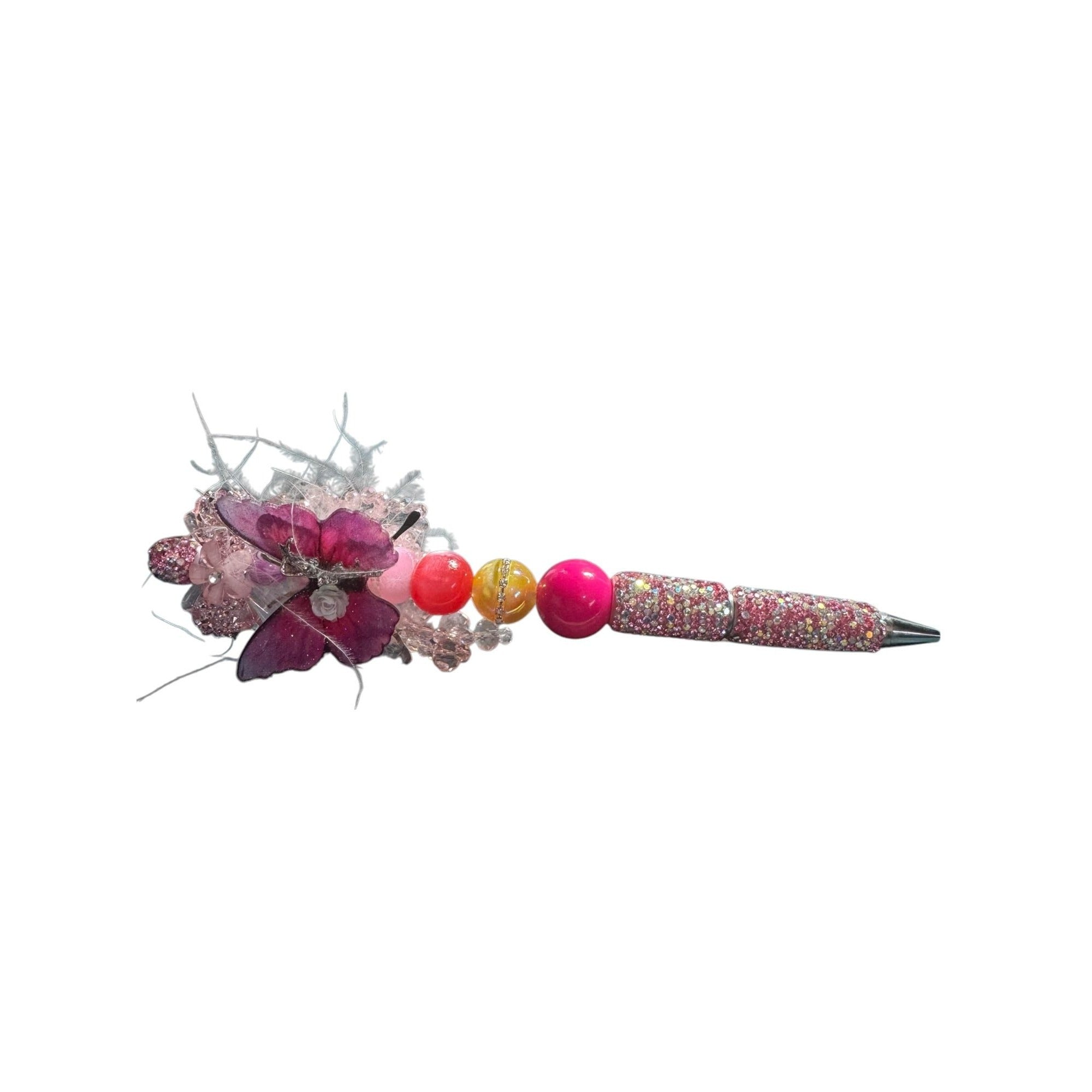 Handcrafted Butterfly-Themed Decorative Ballpoint Pen With Rhinestones & Beaded Accents Pink & Purple Design Ideal For Gifting Or Journaling