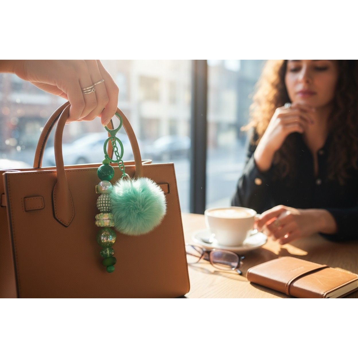 Mint Green Pom Pom Beaded Keychain With Faux Fur & Acrylic Beads