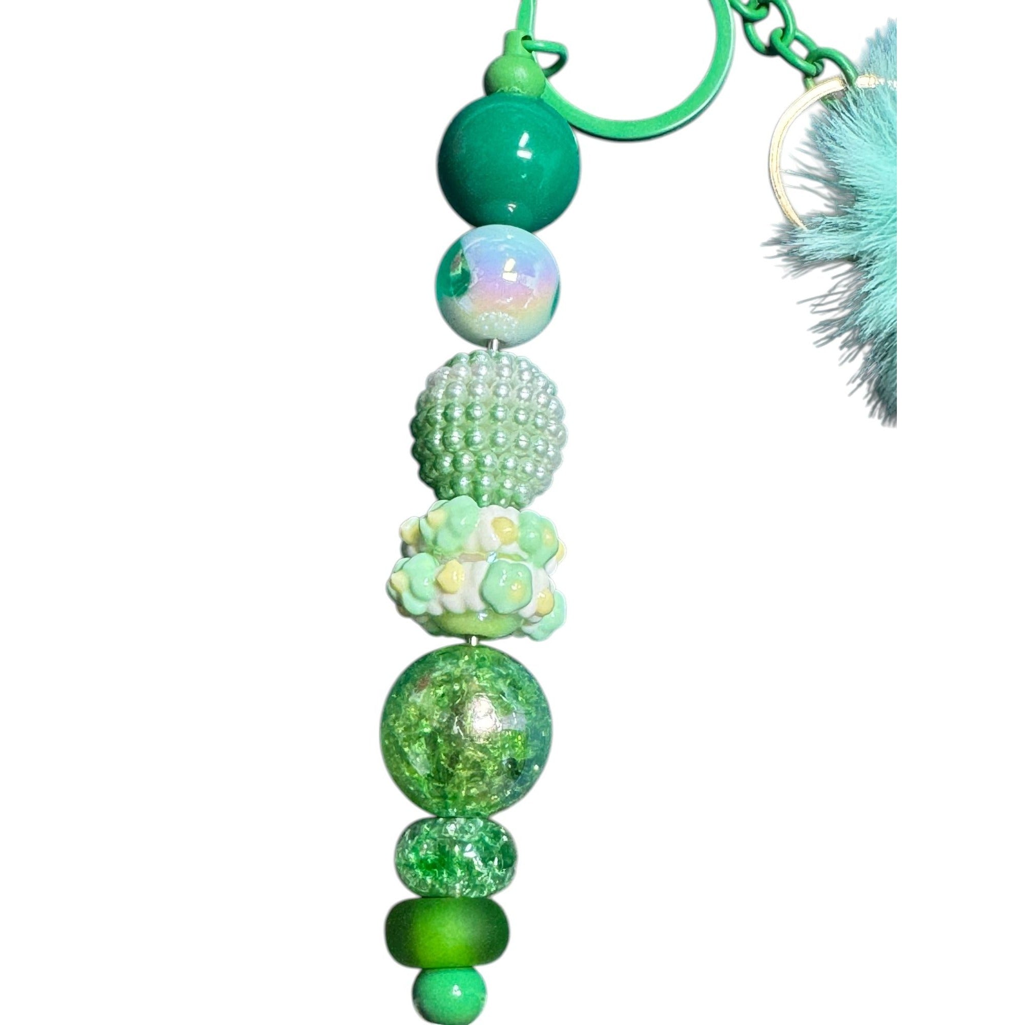 Mint Green Pom Pom Beaded Keychain With Faux Fur & Acrylic Beads