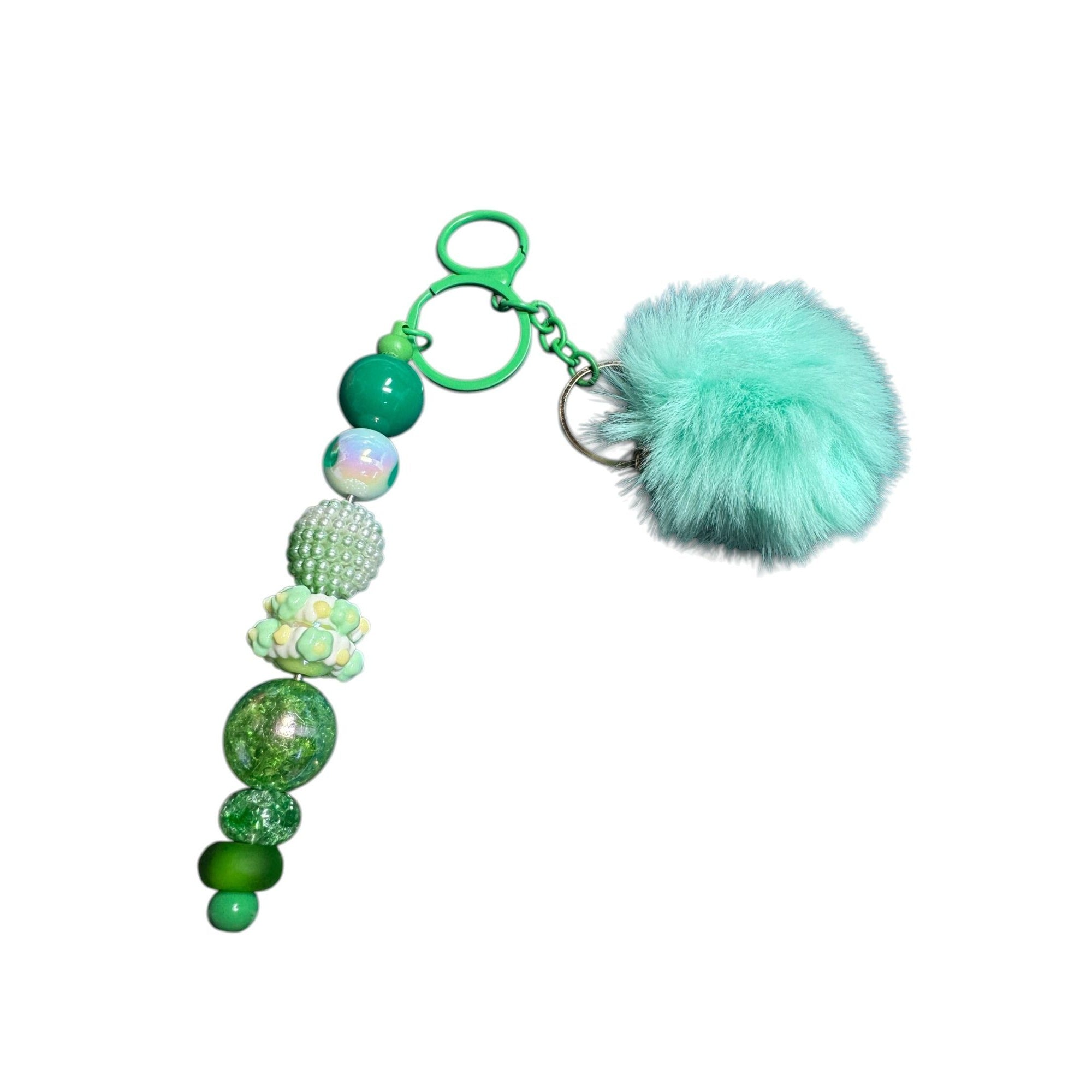 Mint Green Pom Pom Beaded Keychain With Faux Fur & Acrylic Beads