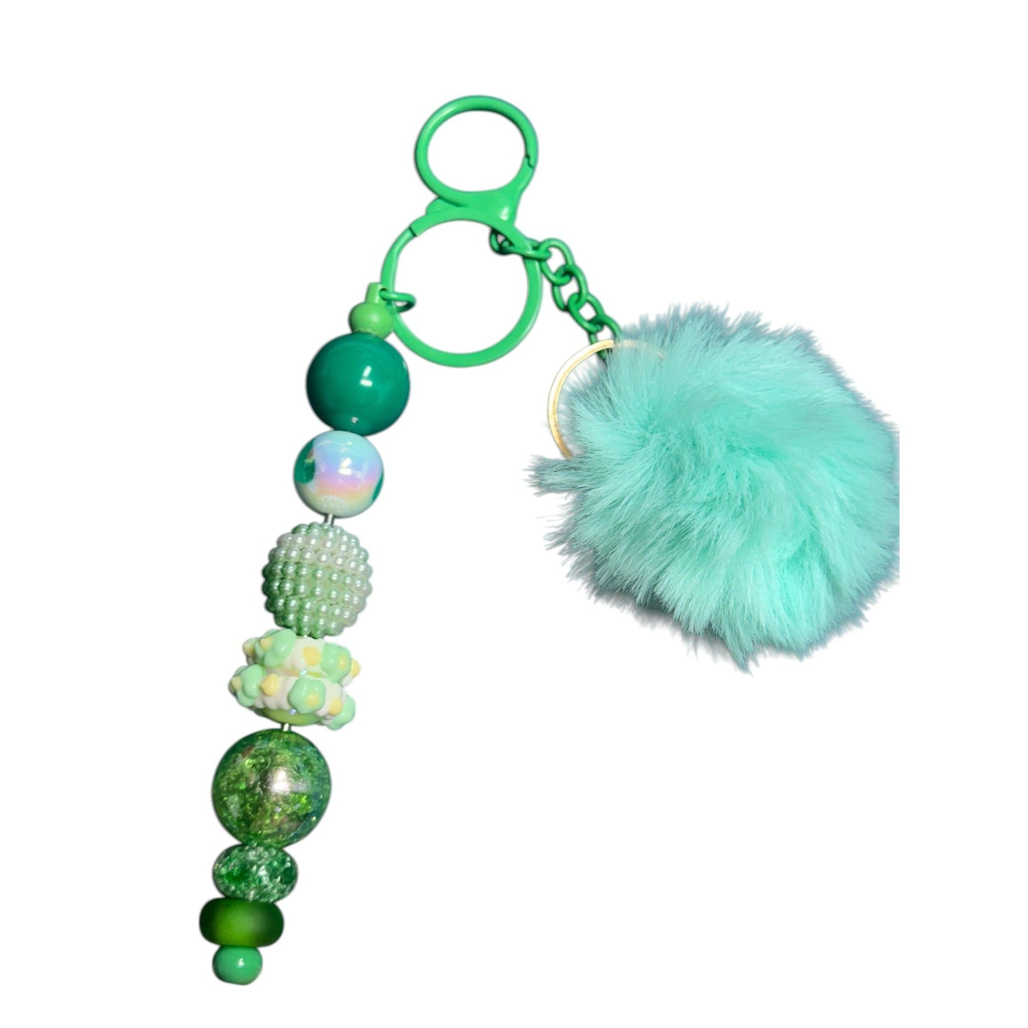 Mint Green Pom Pom Beaded Keychain With Faux Fur & Acrylic Beads