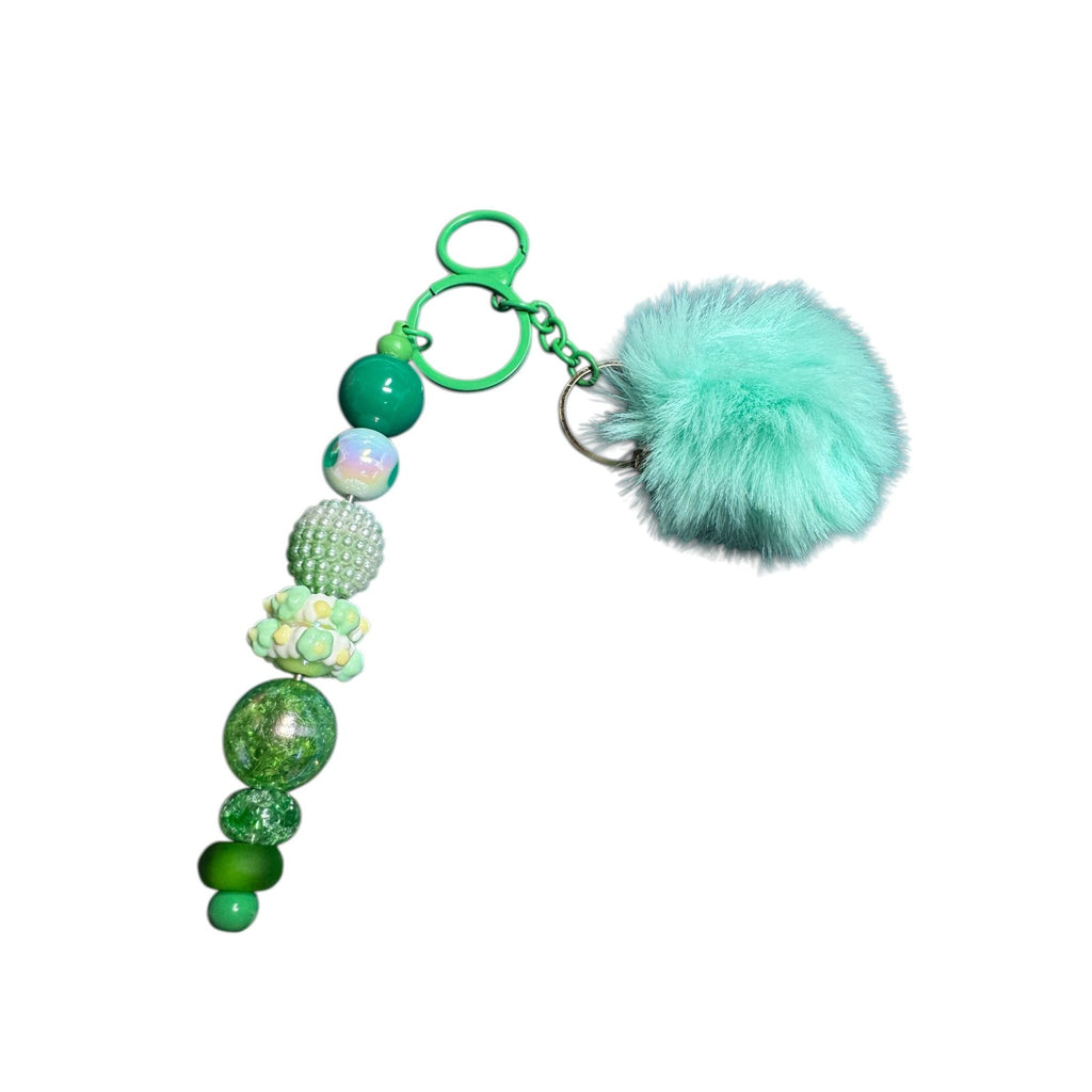 Mint Green Pom Pom Beaded Keychain With Faux Fur & Acrylic Beads