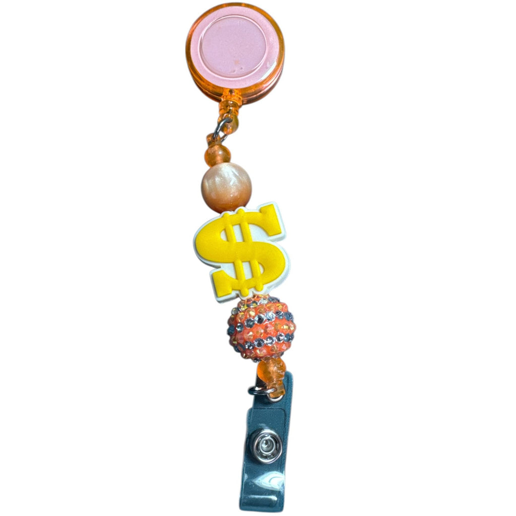 Dollar Sign Beaded Retractable lanyard Badge Reel Holder with Clip - Orange & Yellow Colors