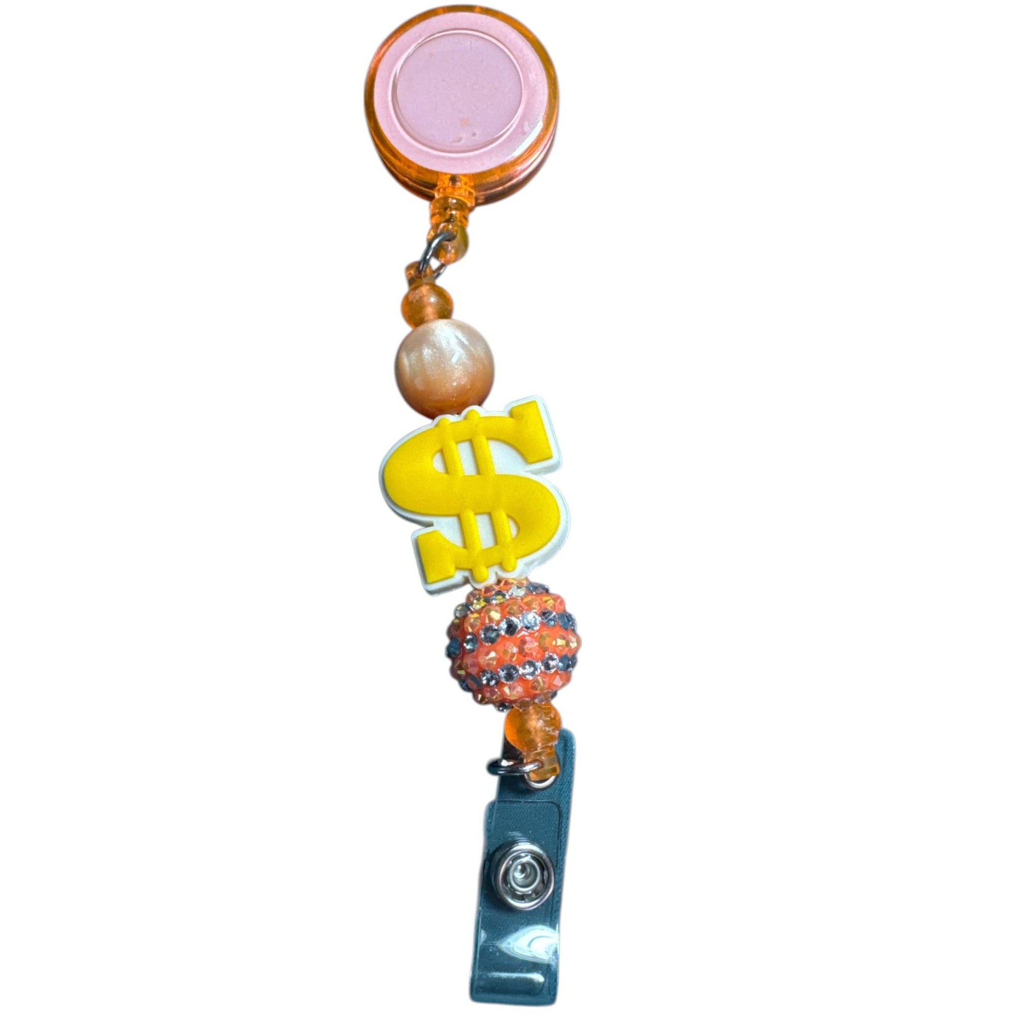 Dollar Sign Beaded Retractable lanyard Badge Reel Holder with Clip - Orange & Yellow Colors