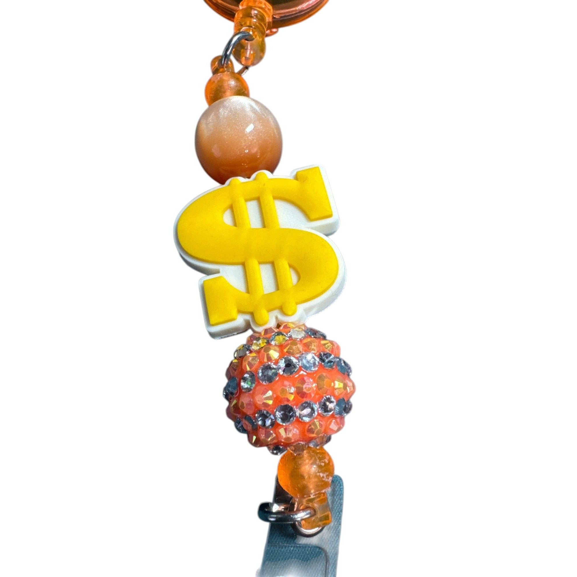 Dollar Sign Beaded Retractable lanyard Badge Reel Holder with Clip - Orange & Yellow Colors