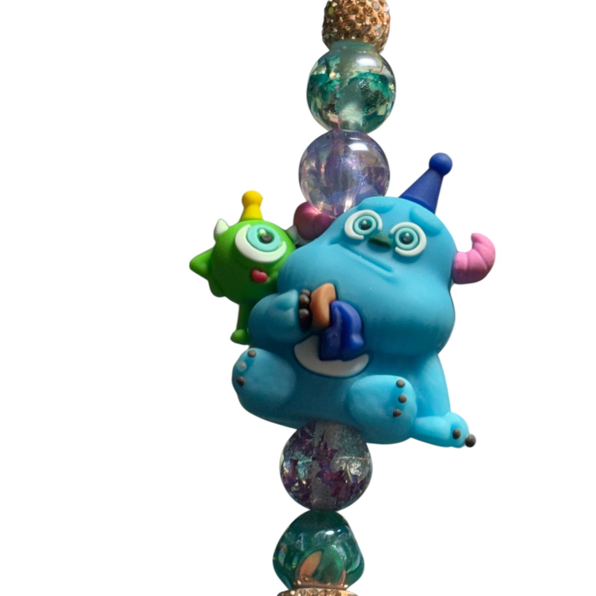 Handmade Beaded Pen • Monsters Theme • Glitter Rhinestone Pen • Cute Kawaii Gift • Blue & Green Characters