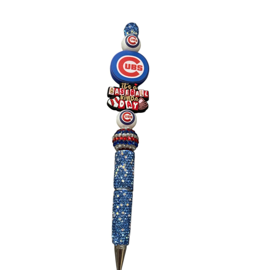 Chicago Cubs Themed Blue Glitter Beaded Pen With "Its A Baseball Kinda Day" Charm