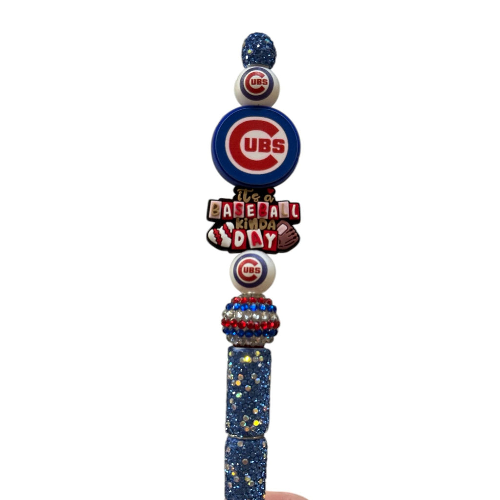 Chicago Cubs Themed Blue Glitter Beaded Pen With "Its A Baseball Kinda Day" Charm
