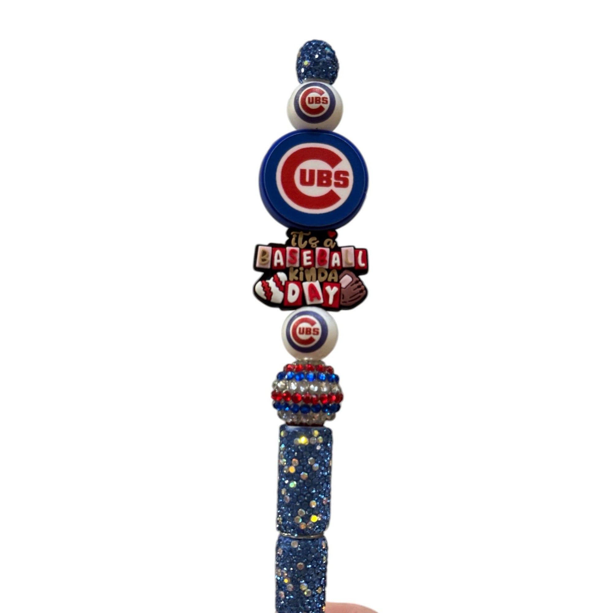 Chicago Cubs Themed Blue Glitter Beaded Pen With "Its A Baseball Kinda Day" Charm