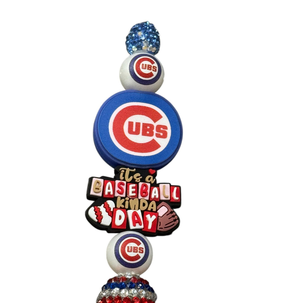 Chicago Cubs Themed Blue Glitter Beaded Pen With "Its A Baseball Kinda Day" Charm