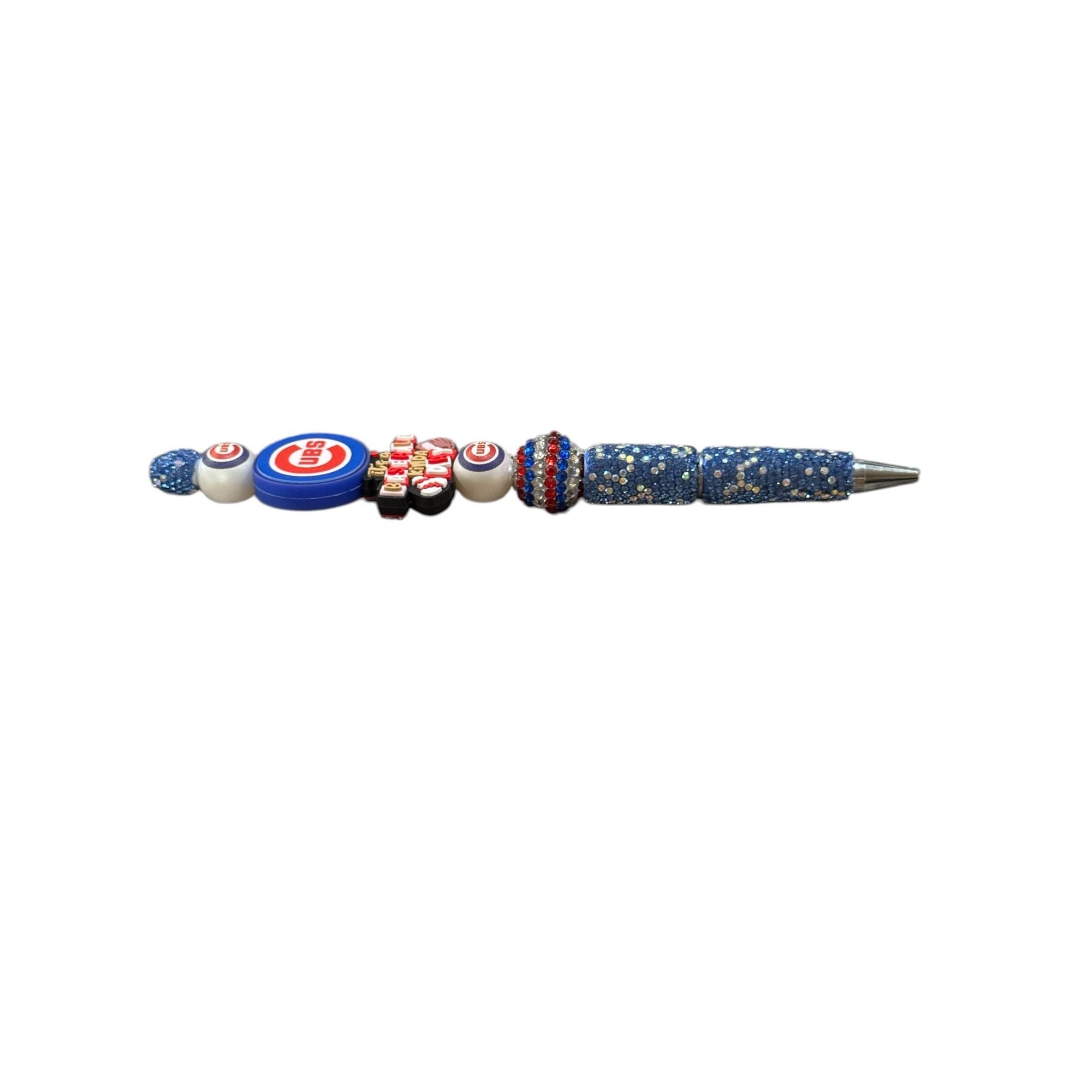 Chicago Cubs Themed Blue Glitter Beaded Pen With "Its A Baseball Kinda Day" Charm