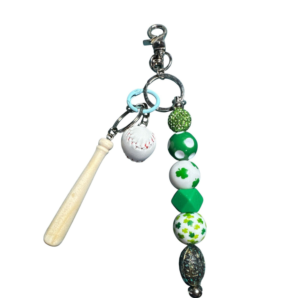 St. Patricks Day Baseball & Bat Keychain Charm With Beaded Clover Accents
