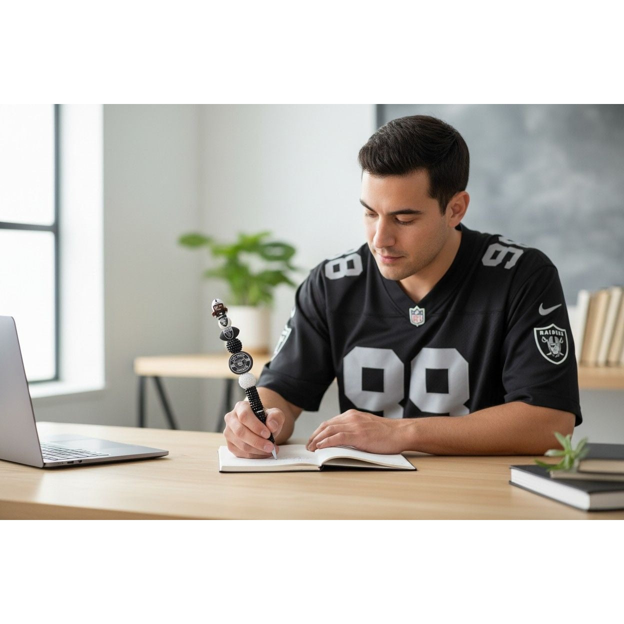 Las Vegas Raiders NFL Theme Pen With Decorative Football & Logo Beads - Black & White Design
