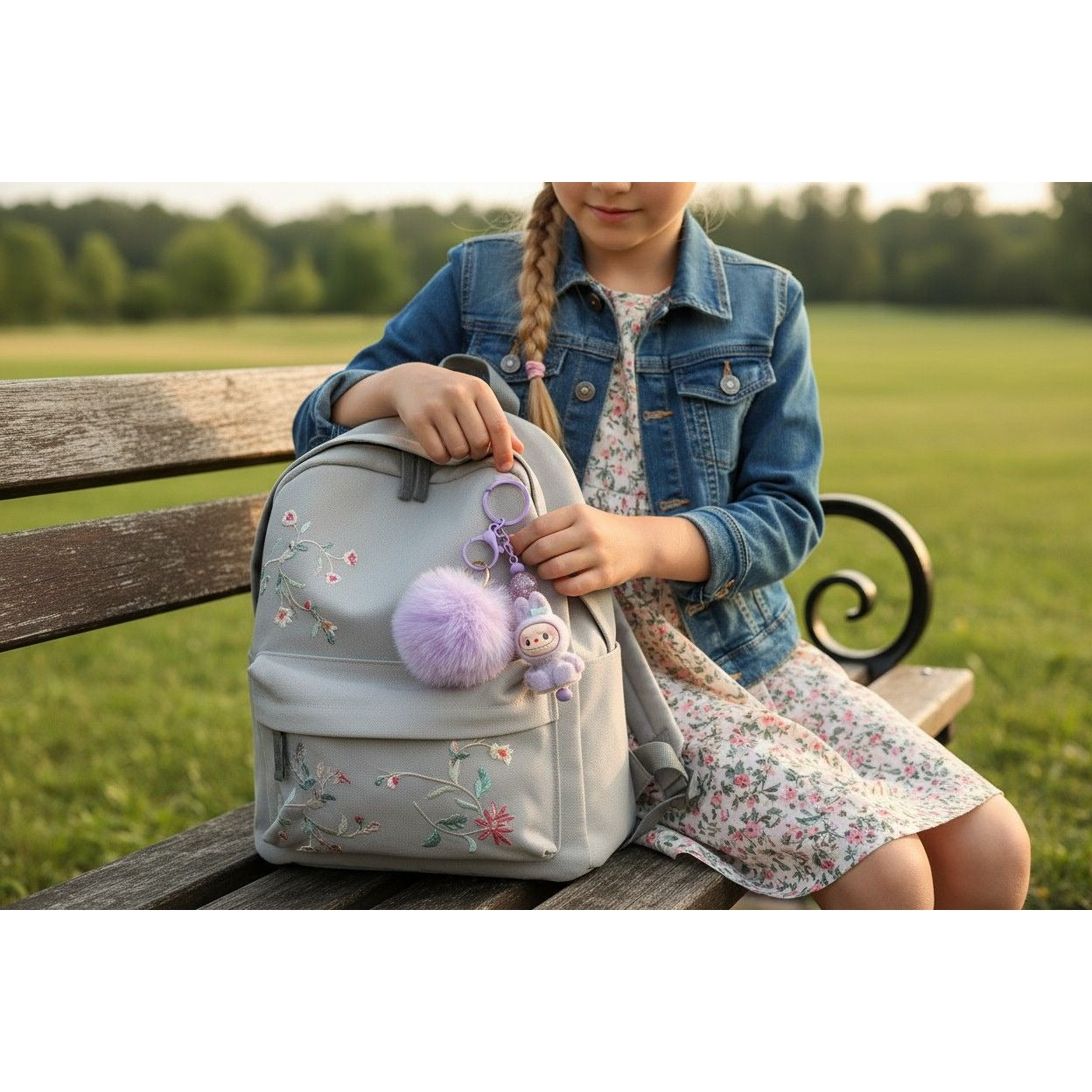 Cute  Labubu  Keychain Lavender Pom Pom Keychain With Plush Bunny & Glitter Details - Bag Charm Or Accessory For Kids & Teens