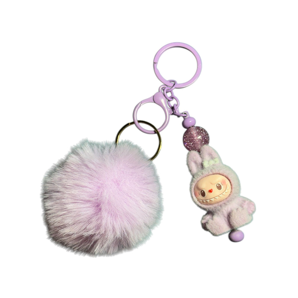 Cute  Labubu  Keychain Lavender Pom Pom Keychain With Plush Bunny & Glitter Details - Bag Charm Or Accessory For Kids & Teens