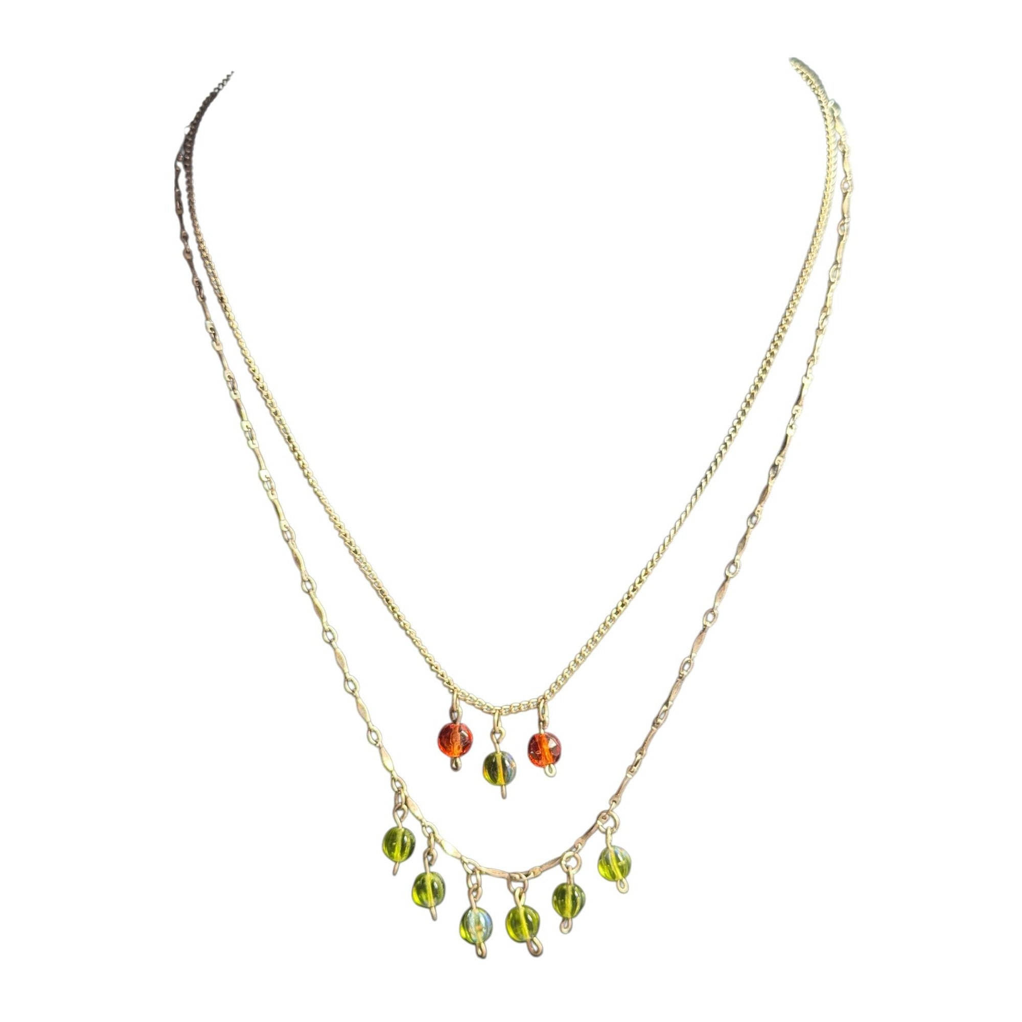 Gold-Tone Layered Necklace With Orange & Green Glass Bead Charms
