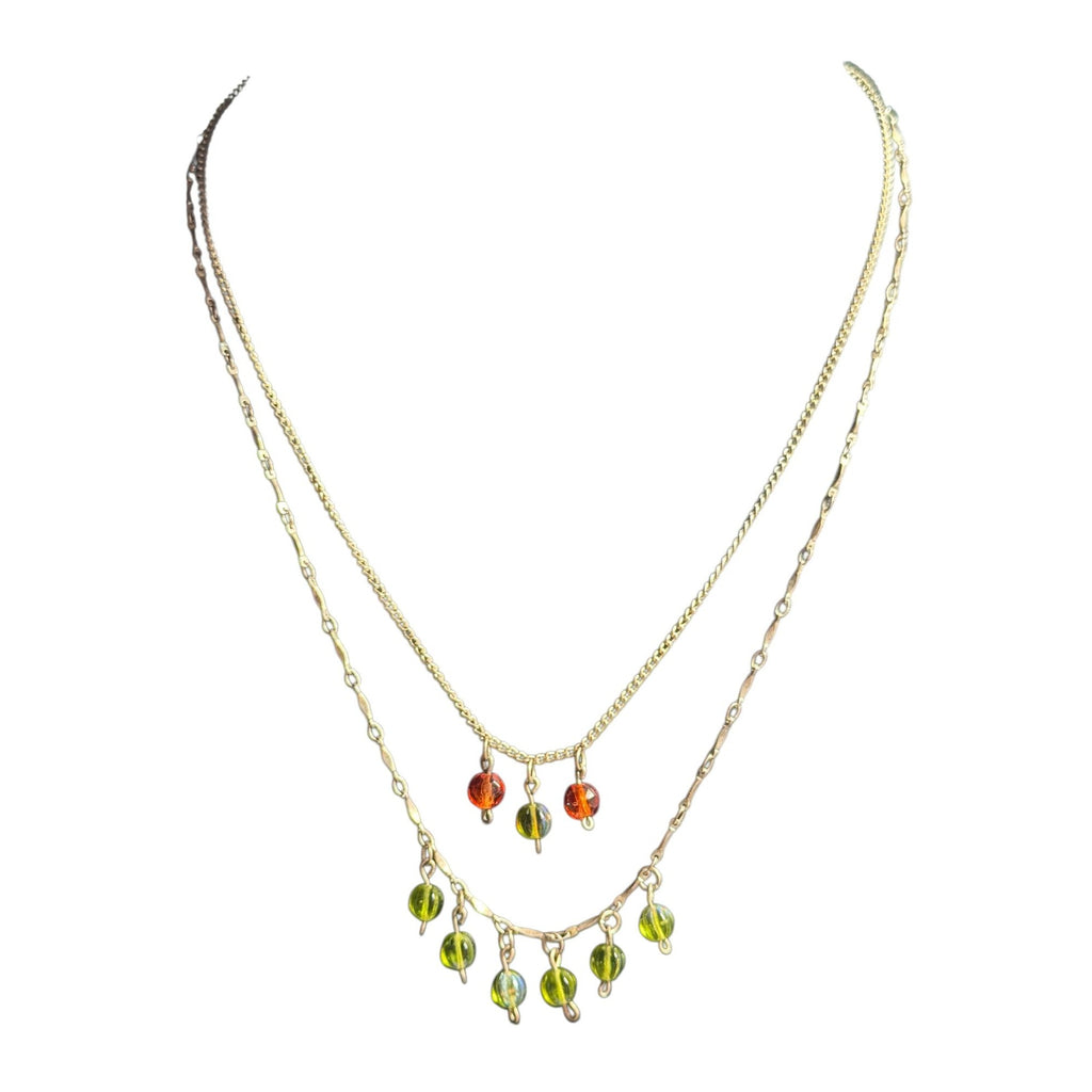 Gold-Tone Layered Necklace With Orange & Green Glass Bead Charms