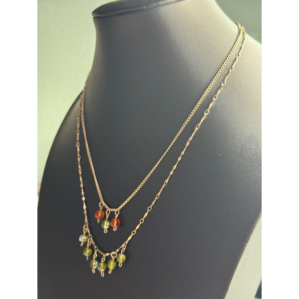 Gold-Tone Layered Necklace With Orange & Green Glass Bead Charms