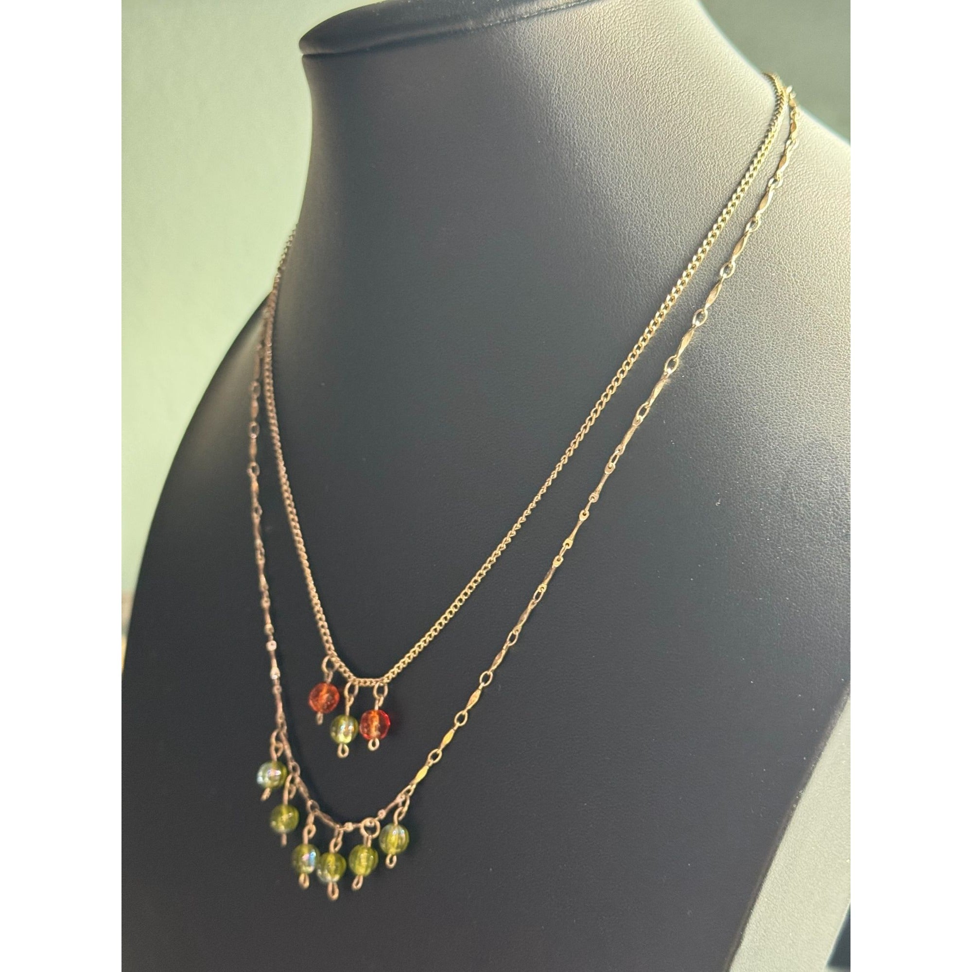 Gold-Tone Layered Necklace With Orange & Green Glass Bead Charms