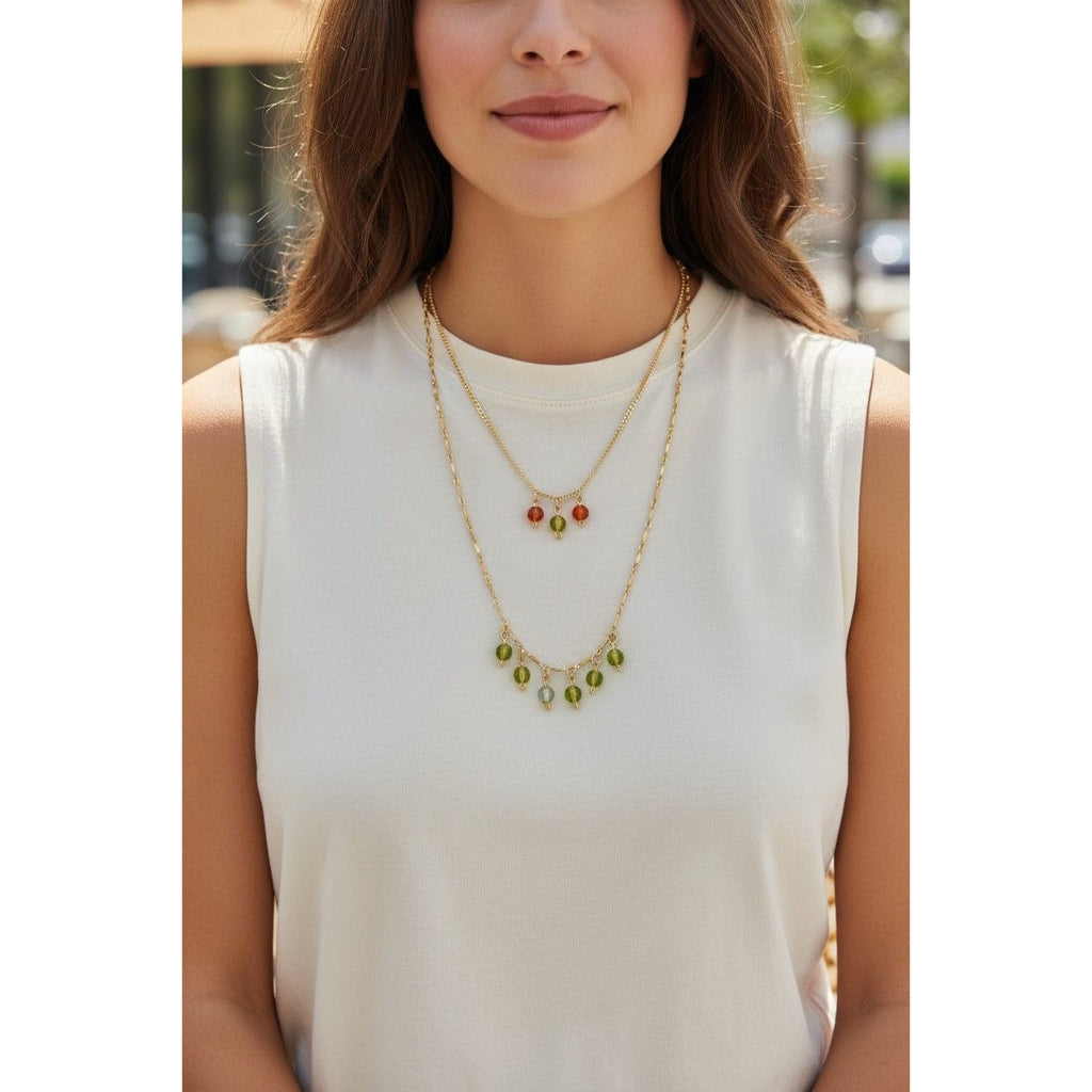 Gold-Tone Layered Necklace With Orange & Green Glass Bead Charms