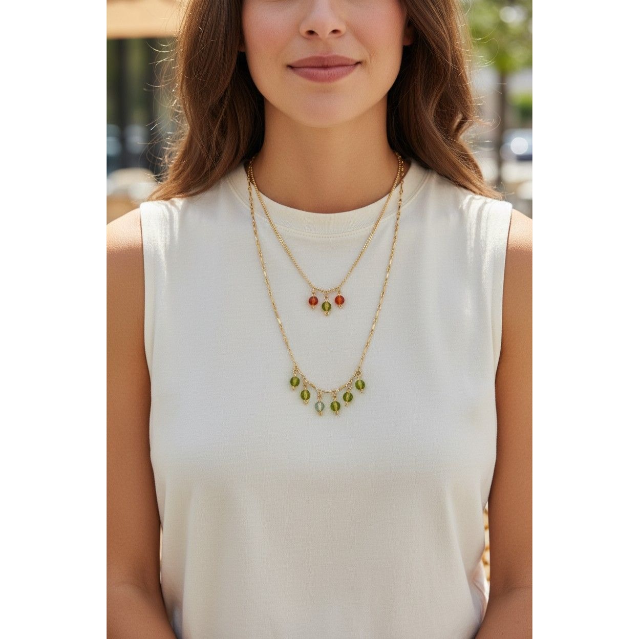 Gold-Tone Layered Necklace With Orange & Green Glass Bead Charms