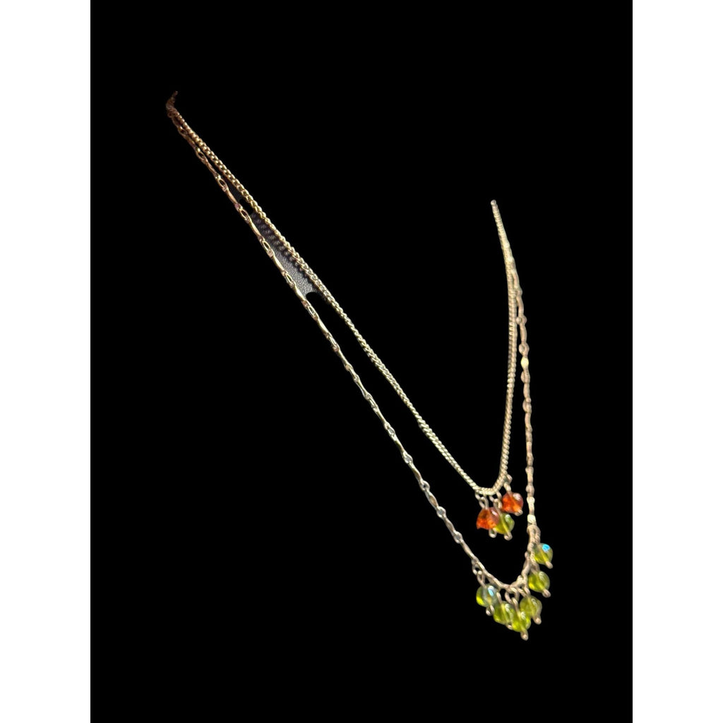 Gold-Tone Layered Necklace With Orange & Green Glass Bead Charms