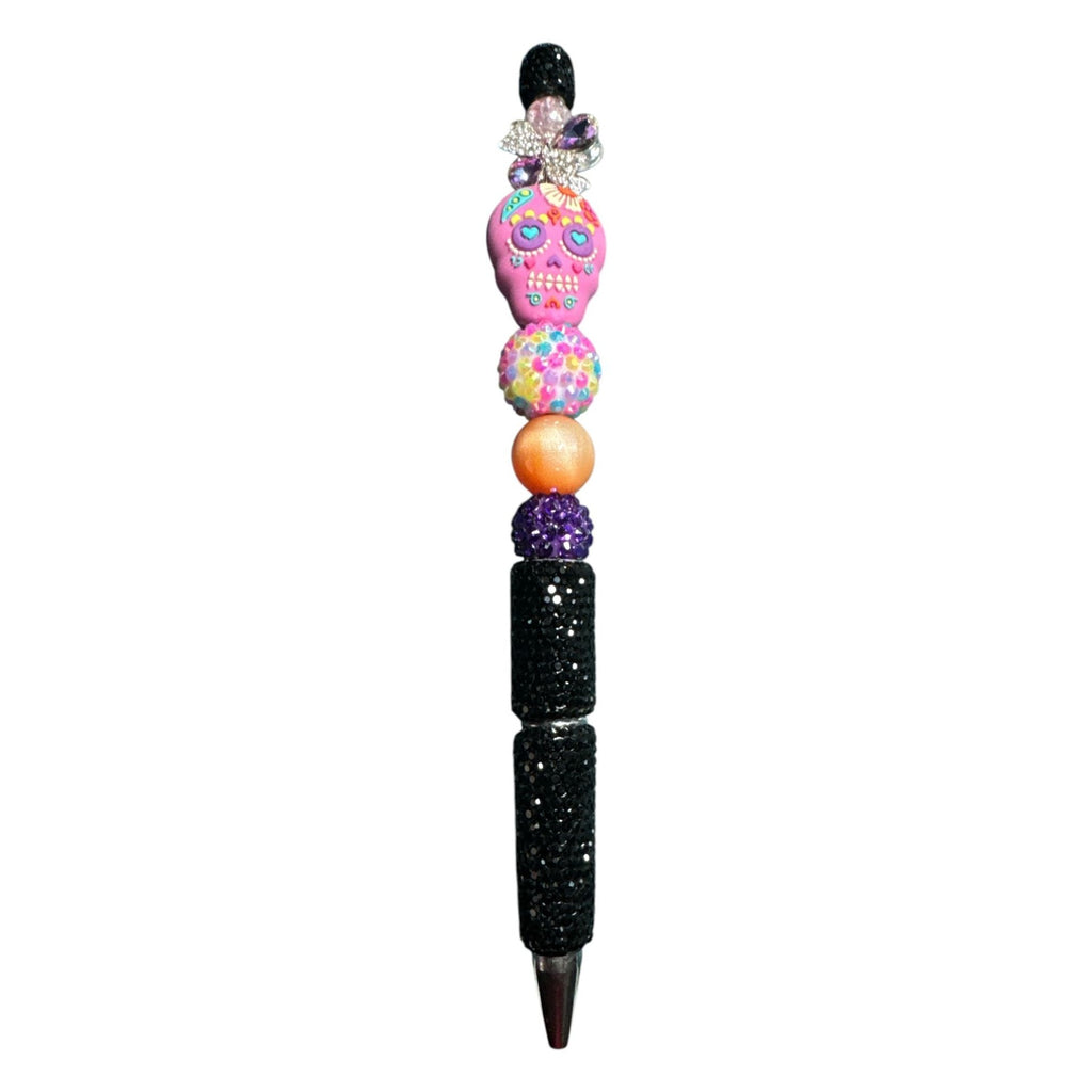 Handmade Sugar Skull Beaded Pen With Multicolor & Black Glitter Accents