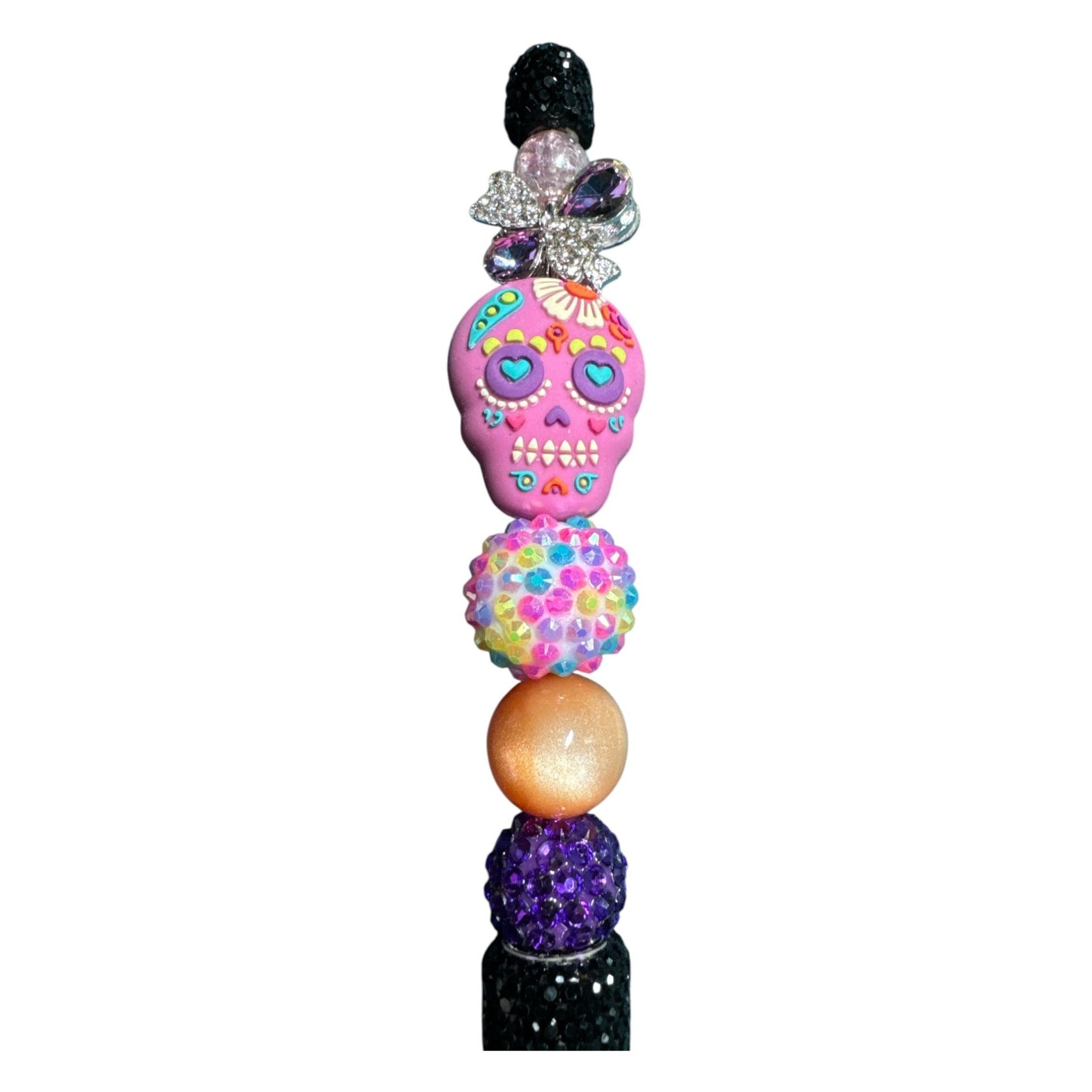 Handmade Sugar Skull Beaded Pen With Multicolor & Black Glitter Accents
