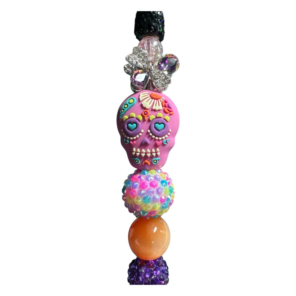 Handmade Sugar Skull Beaded Pen With Multicolor & Black Glitter Accents