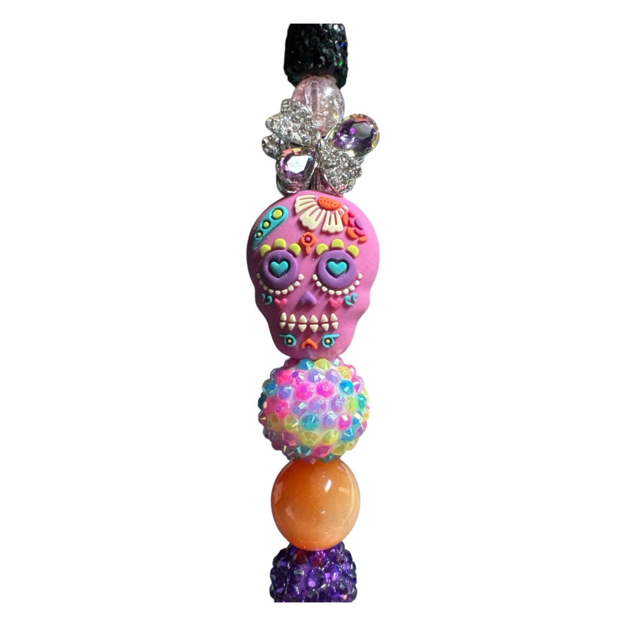 Handmade Sugar Skull Beaded Pen With Multicolor & Black Glitter Accents
