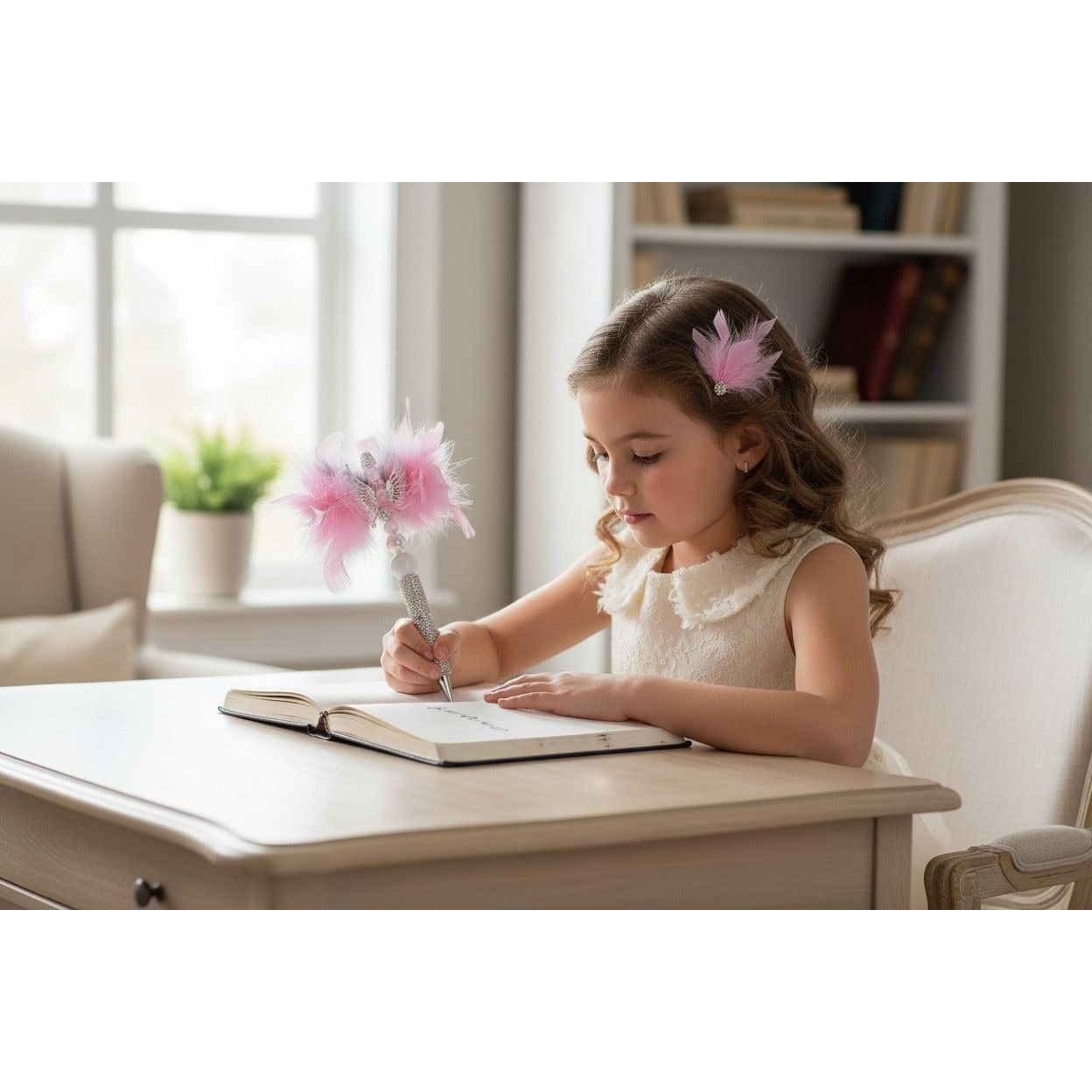 Angel Wing Feather Pen With Rhinestones & Beads - Pink & Silver Elegant Writing Accessory For Kids Or Decorative Use