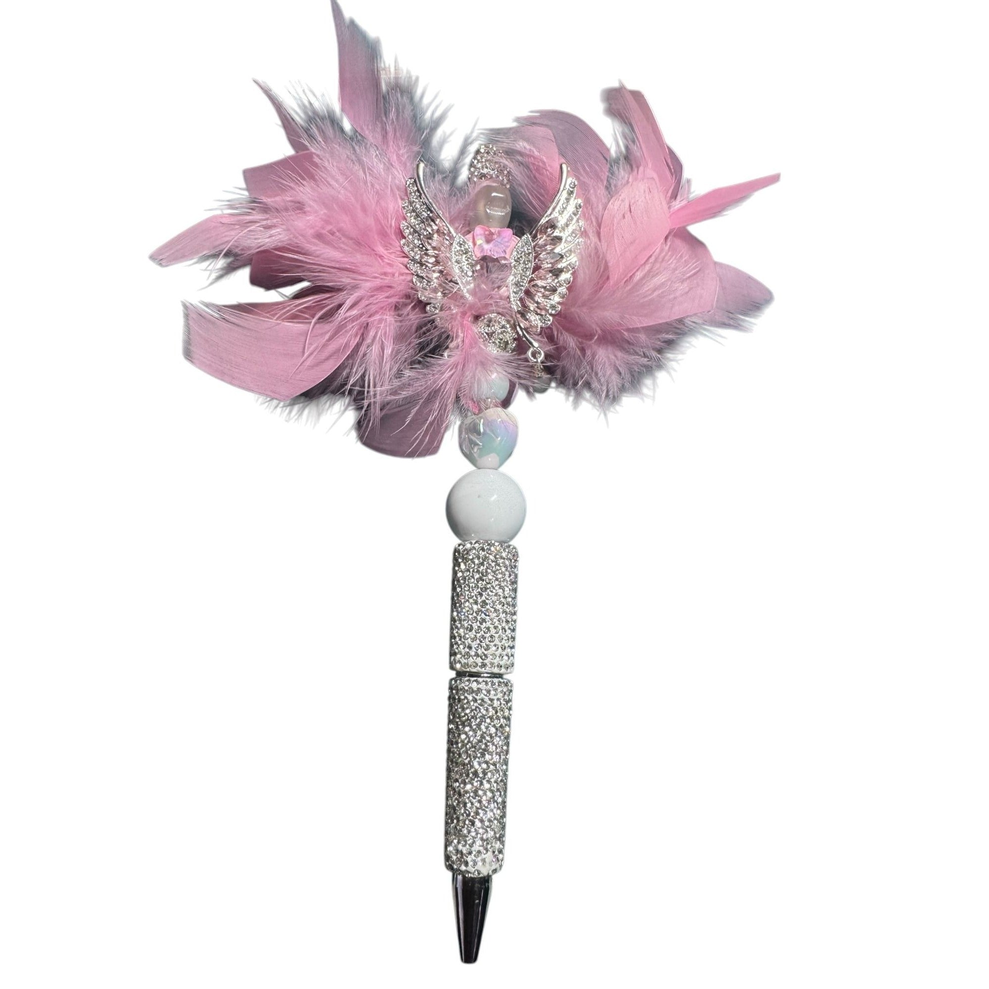 Angel Wing Feather Pen With Rhinestones & Beads - Pink & Silver Elegant Writing Accessory For Kids Or Decorative Use