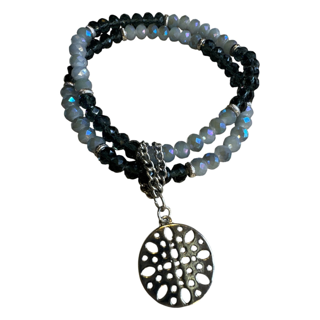 Beaded Wrap Bracelet With Silver-Tone Pendant - Black & Iridescent Gray Faceted Beads - Elegant Womens Jewelry