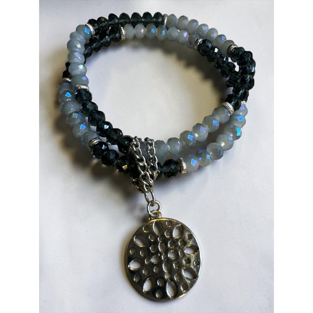 Beaded Wrap Bracelet With Silver-Tone Pendant - Black & Iridescent Gray Faceted Beads - Elegant Womens Jewelry