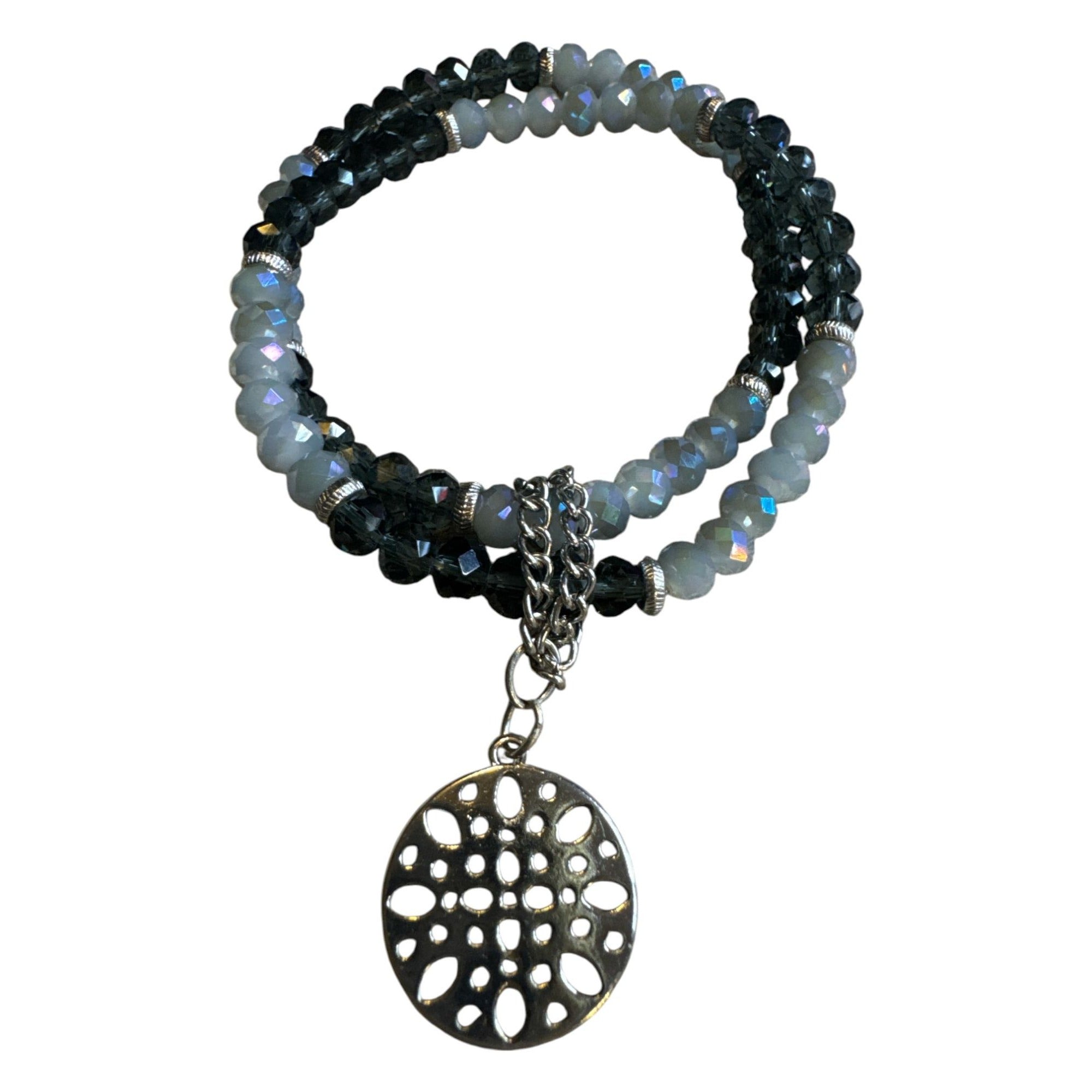 Beaded Wrap Bracelet With Silver-Tone Pendant - Black & Iridescent Gray Faceted Beads - Elegant Womens Jewelry