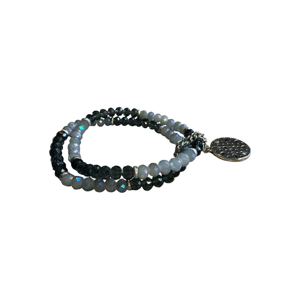 Beaded Wrap Bracelet With Silver-Tone Pendant - Black & Iridescent Gray Faceted Beads - Elegant Womens Jewelry