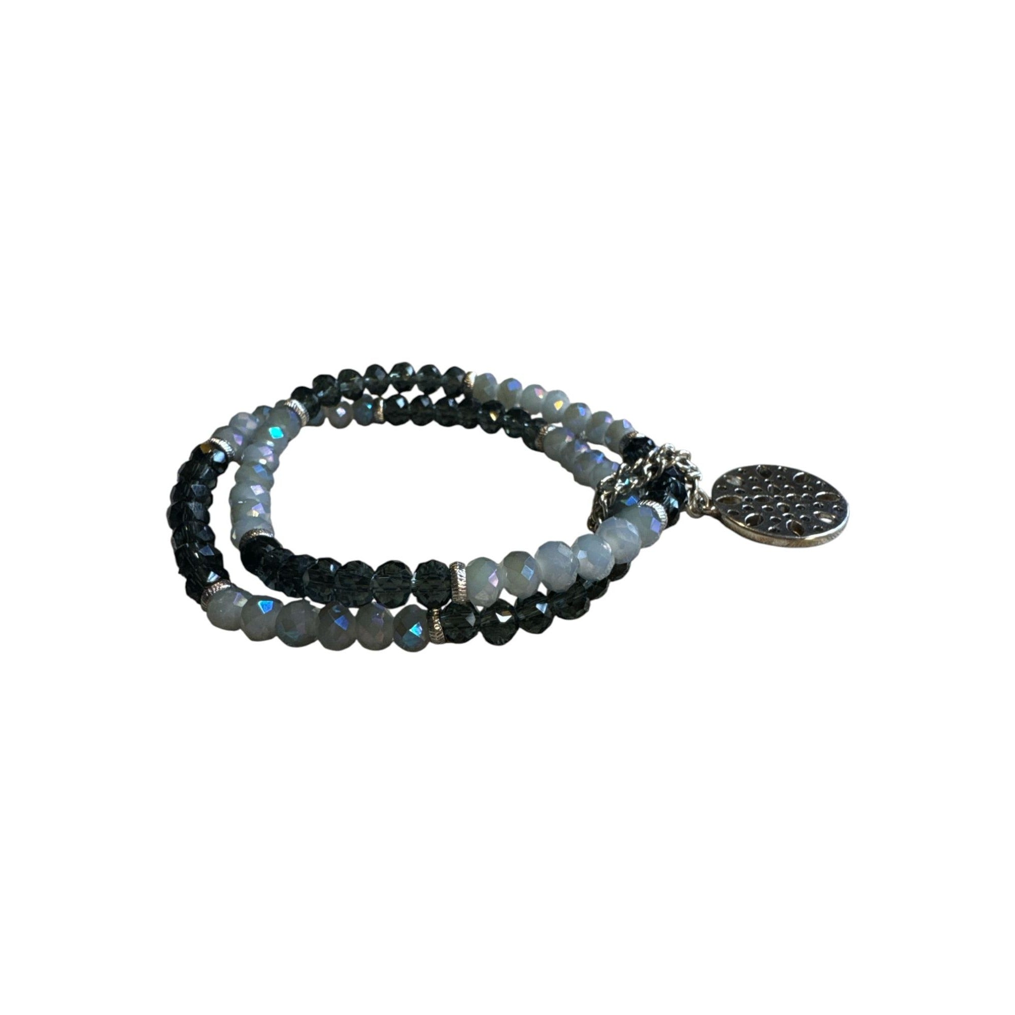 Beaded Wrap Bracelet With Silver-Tone Pendant - Black & Iridescent Gray Faceted Beads - Elegant Womens Jewelry