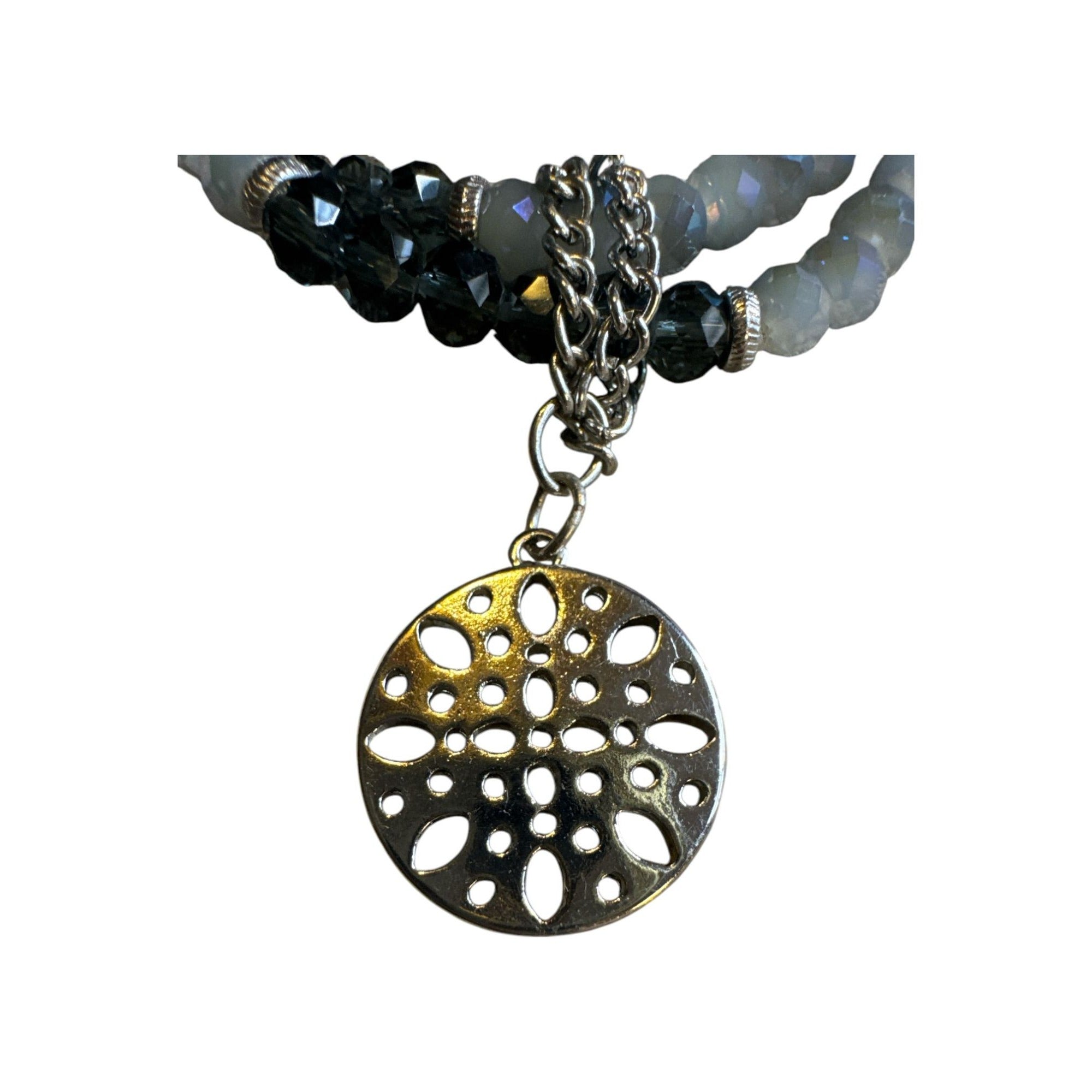 Beaded Wrap Bracelet With Silver-Tone Pendant - Black & Iridescent Gray Faceted Beads - Elegant Womens Jewelry