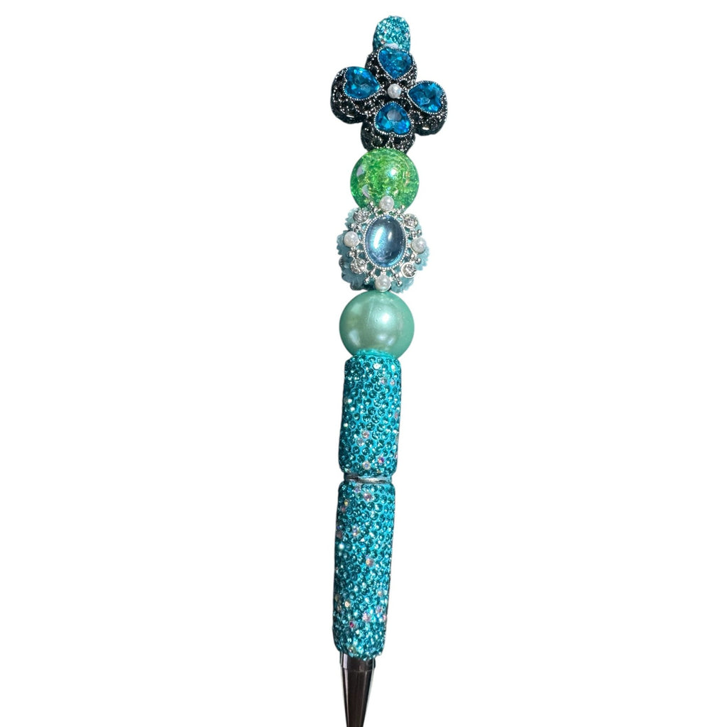 Beaded Rhinestone Decorative Pen With Blue & Green Crystal Accents For Journaling Or Gifting