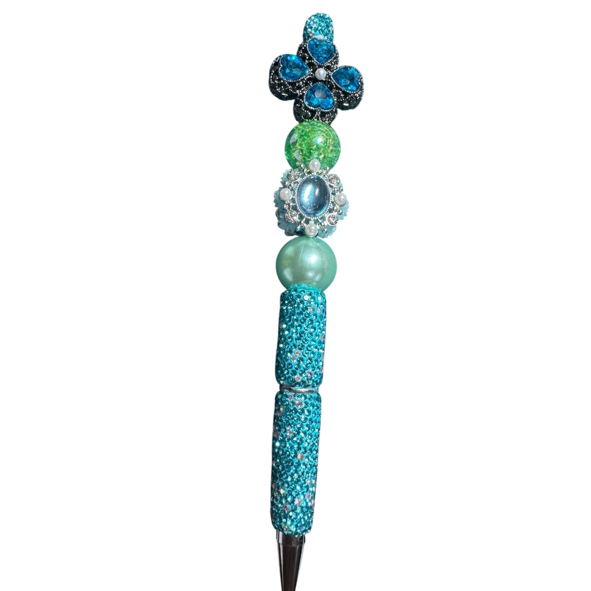 Beaded Rhinestone Decorative Pen With Blue & Green Crystal Accents For Journaling Or Gifting
