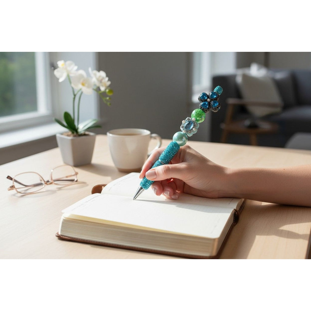Beaded Rhinestone Decorative Pen With Blue & Green Crystal Accents For Journaling Or Gifting