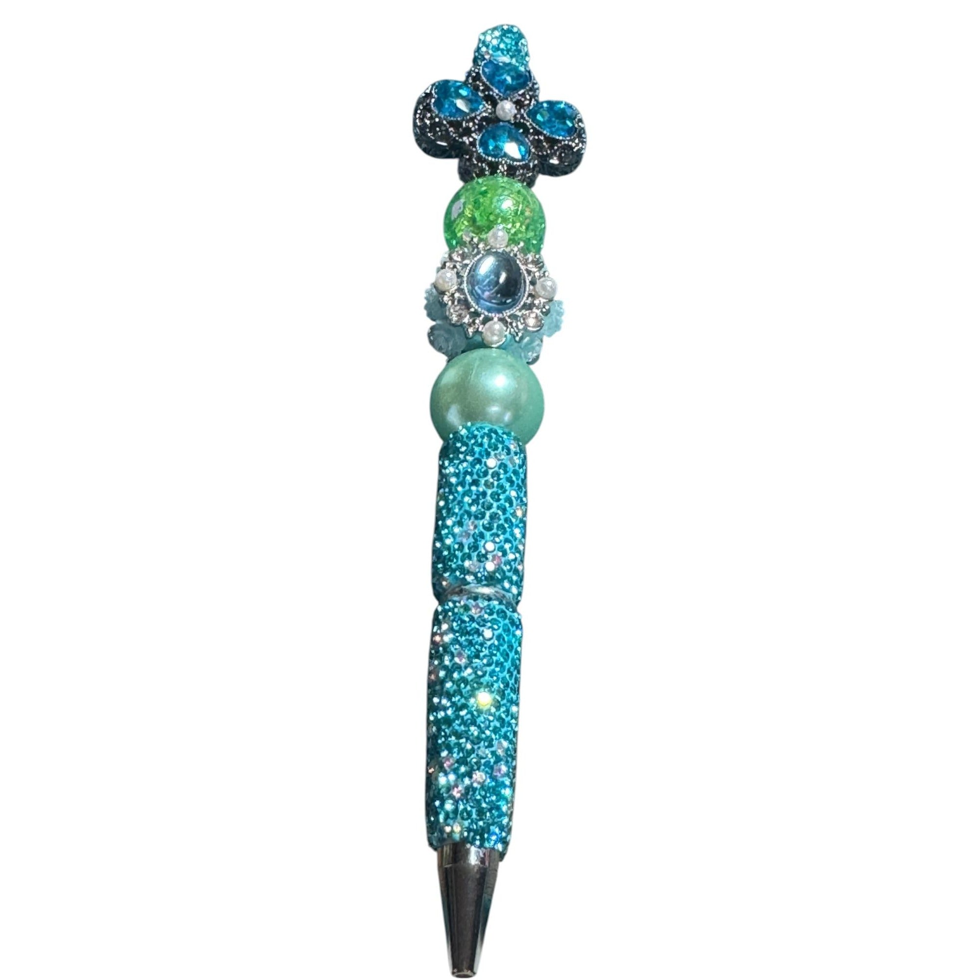 Beaded Rhinestone Decorative Pen With Blue & Green Crystal Accents For Journaling Or Gifting