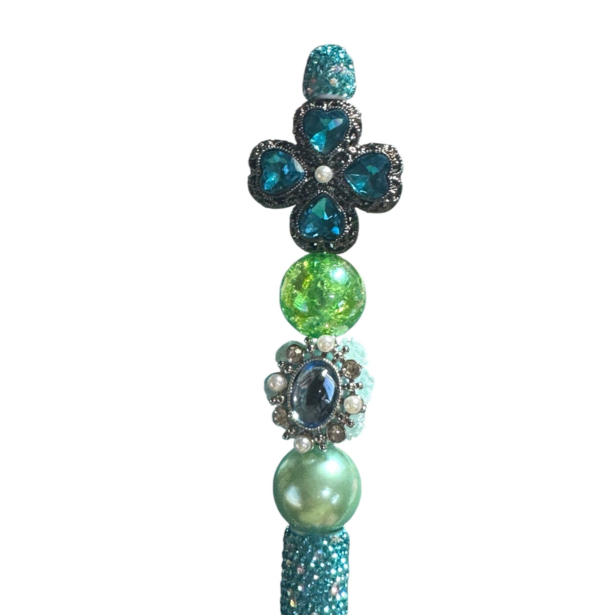 Beaded Rhinestone Decorative Pen With Blue & Green Crystal Accents For Journaling Or Gifting