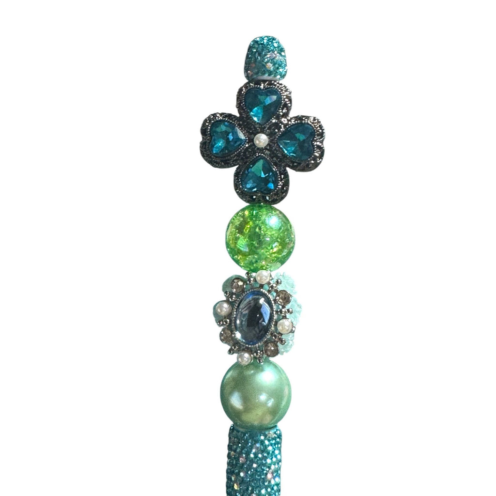 Beaded Rhinestone Decorative Pen With Blue & Green Crystal Accents For Journaling Or Gifting