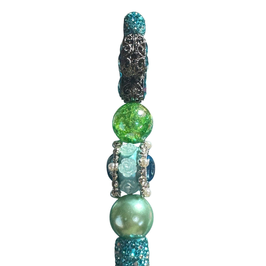 Beaded Rhinestone Decorative Pen With Blue & Green Crystal Accents For Journaling Or Gifting