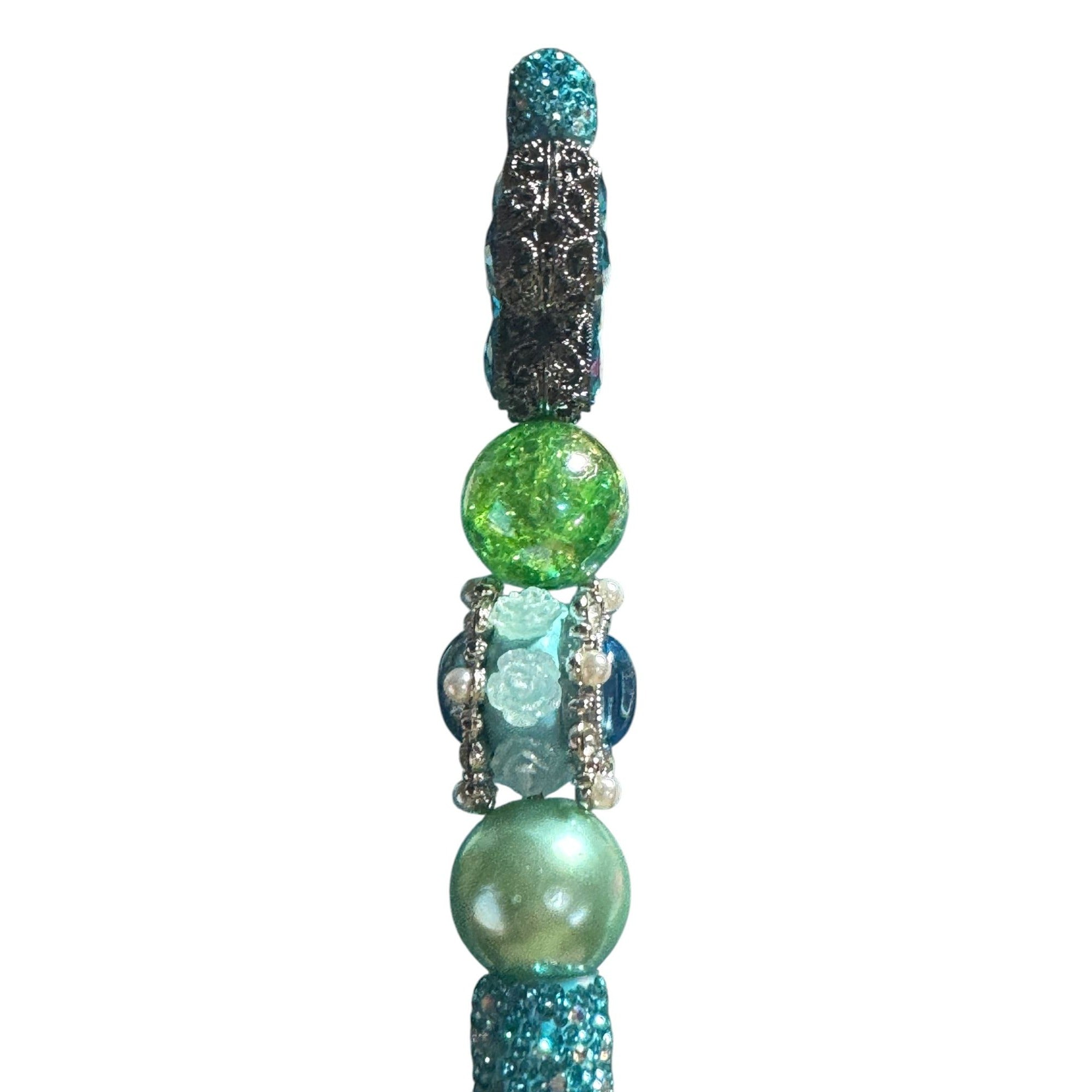 Beaded Rhinestone Decorative Pen With Blue & Green Crystal Accents For Journaling Or Gifting