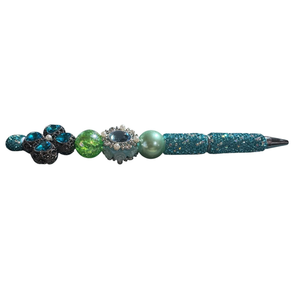 Beaded Rhinestone Decorative Pen With Blue & Green Crystal Accents For Journaling Or Gifting
