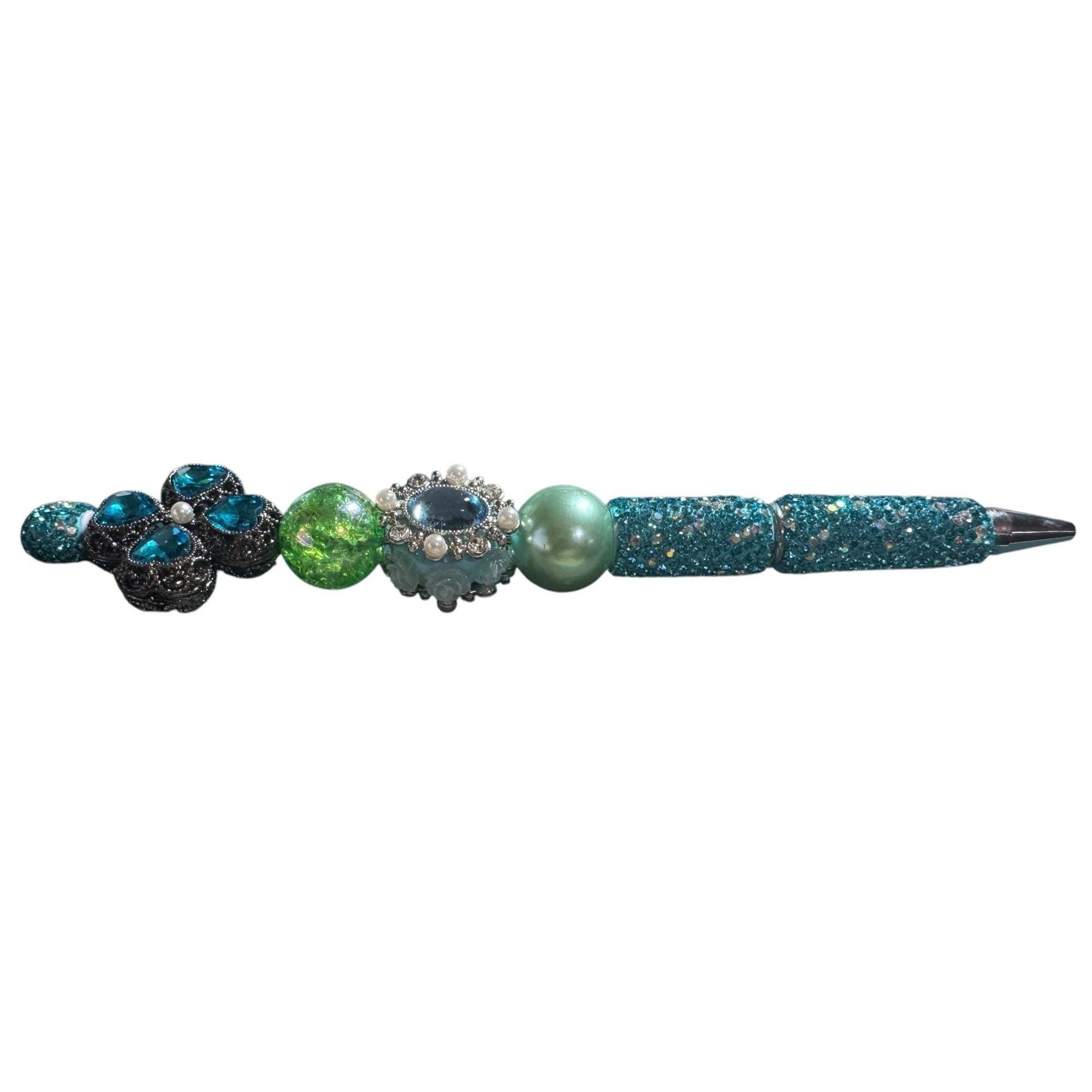 Beaded Rhinestone Decorative Pen With Blue & Green Crystal Accents For Journaling Or Gifting