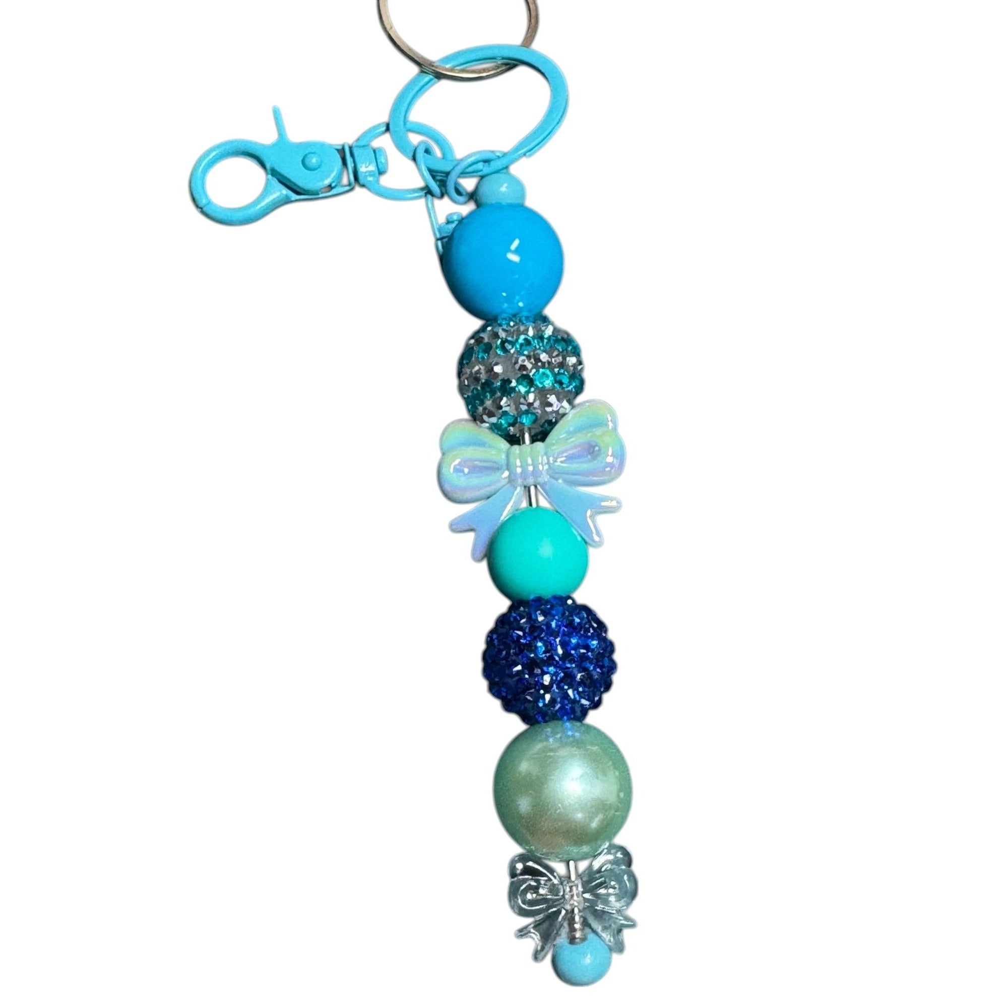 Blue Pom Pom Keychain With Beaded Charms & Bow Accent For Handbags Or Keys